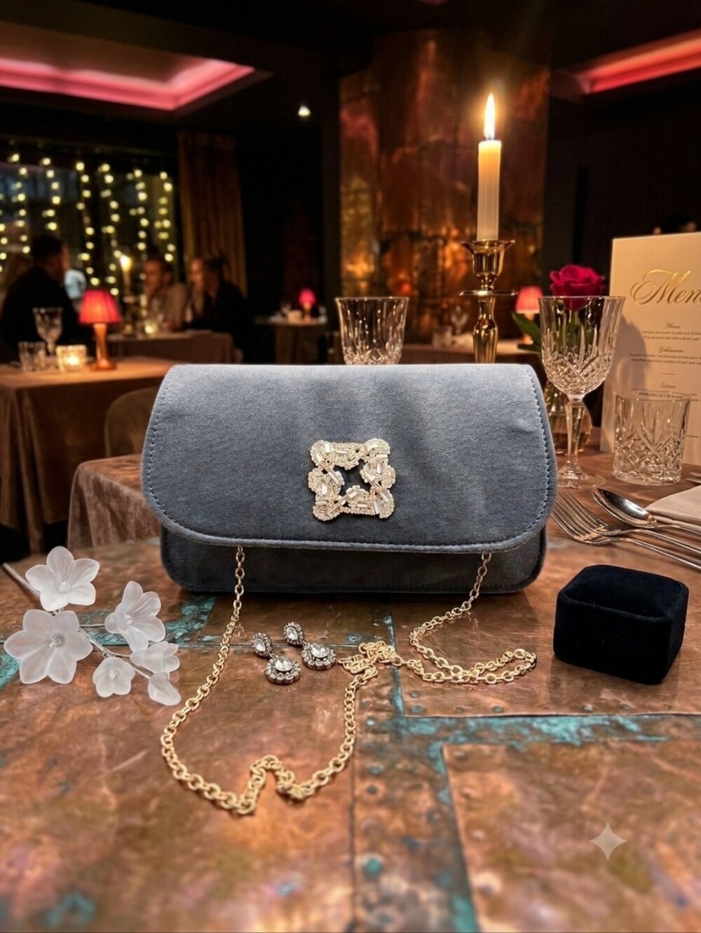 Grey Velvet Evening Crossbody Bag with Gold Chain